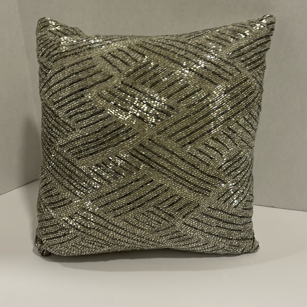 Hotel Collection Silver & Gray Beaded Pillow 11' x 11' EUC